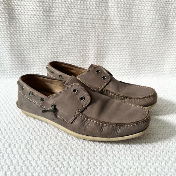 John Varvatos Grey Taupe Lead Leather Schooner Laceless Boat Shoe Men 9.5 - Picture 1 of 12